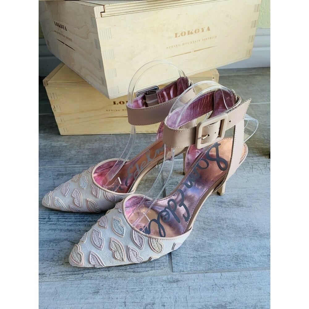 SAM EDELMAN Blush Pink Tan High Heel Designer Pumps LULU LIPS Ankle Strap 8